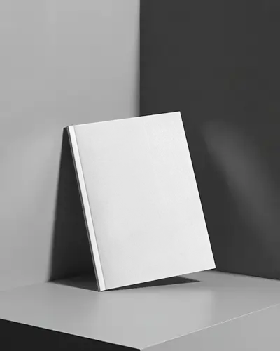 Monochrome Shadow Lit Magazine Mockup Upright On Dual Toned Modern Surface