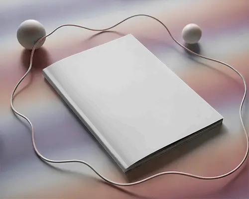 elegant-magazine-mockup-on-reflective-surface-accompanied-by-sphere-shapes-and-flowing-cables