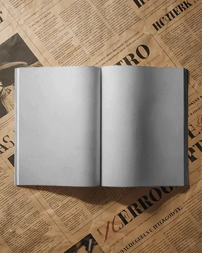 open-magazine-mockup-on-vintage-newspaper-background-for-design-presentation