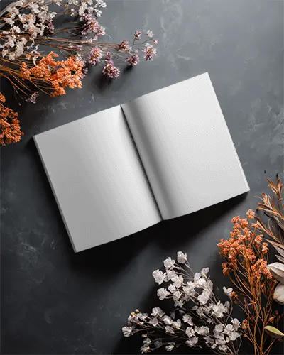 Open Magazine Mockup On Dark Backdrop With Dried Flower Arrangement For Layout Preview