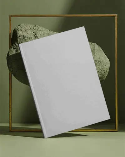 Hardcover Magazine Mockup With Floating Stone Background For Modern Publishing Designs