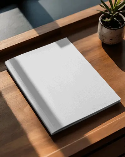High Quality Hardcover Magazine Mockup On Wooden Tray With Natural Lighting Shadows