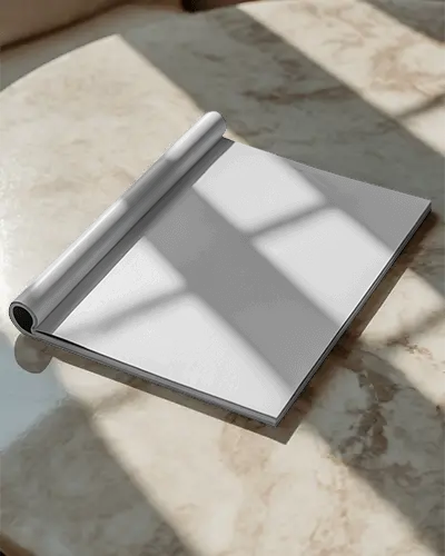 Modern Rolled Magazine Mockup On Textured Marble Table With Realistic Shadow Effects