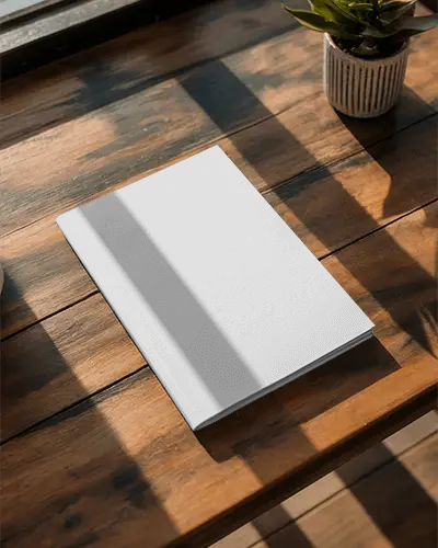 Premium Editorial Magazine Mockup With Minimalist Cover On Organic Textured Table