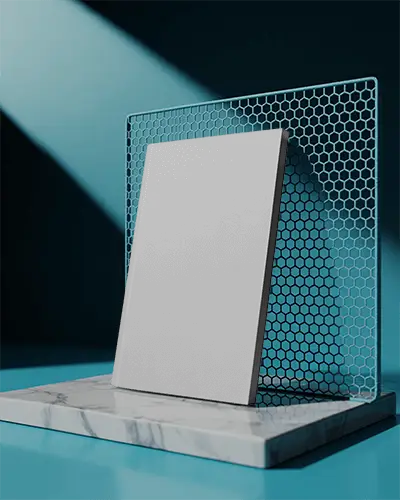 Hardcover Magazine Mockup Leaning Against Honeycomb Grid On Marble Platform