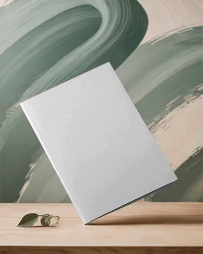 Realistic Magazine Mockup Floating Over Wooden Desk With Minimalistic Wall Painted Design