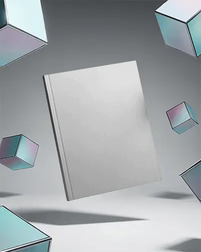 Sleek Floating Hardcover Magazine Mockup With Geometric Cubes For Modern Design Presentations