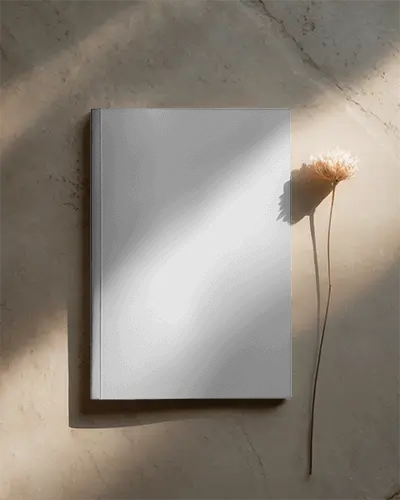 Hardcover Magazine Mockup On Marble Background Minimalist Style With Flower Shadow Play