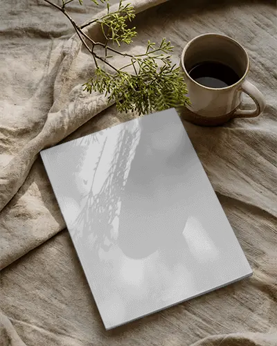 Flat Lay Magazine Mockup With Organic Textile Background And Simple Plant Decoration