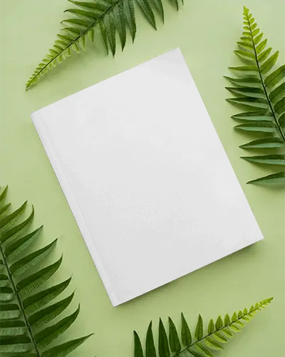 Natural Themed Hardcover Magazine Mockup With Realistic Ferns On Minimal Background