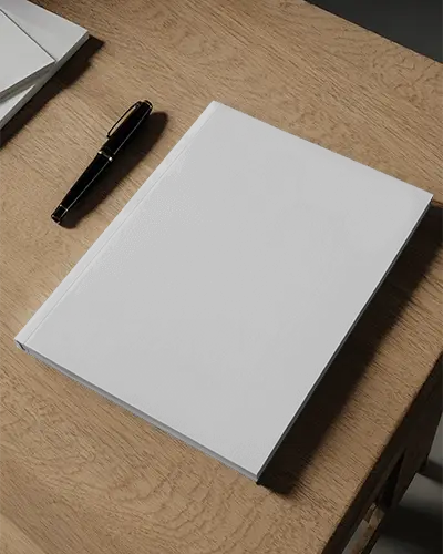 Premium Hardcover Magazine Mockup On Wooden Desk With Pen Stationery Accessories