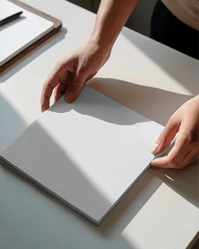 Hands Holding Square Magazine On Minimalist Desk With Natural Light Shadow Effects