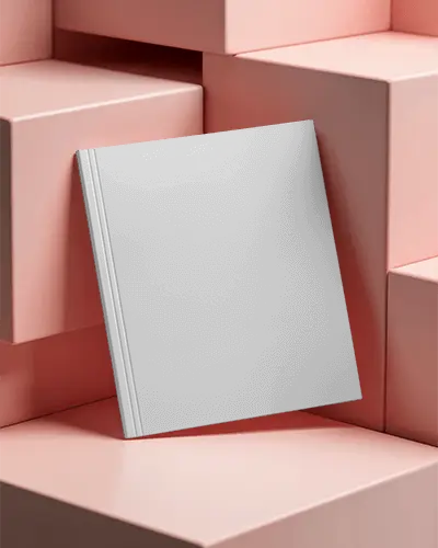 Hardcover Square Magazine Mockup Leaning Against Geometric Pink Blocks For Design Presentation