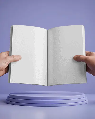 Hands Holding Open Magazine Mockup On Modern Round Display Platform For Design