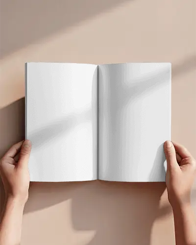 Realistic Magazine Mockup Two Hands Holding Centerfold Open Pages Studio Background