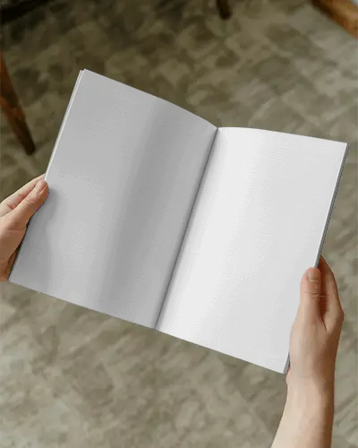 Realistic Magazine Mockup Template In Hands Showing Blank Spread Layout