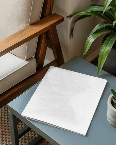 Magazine Mockup On Modern Side Table With Indoor Plants And Wooden Armchair Setting