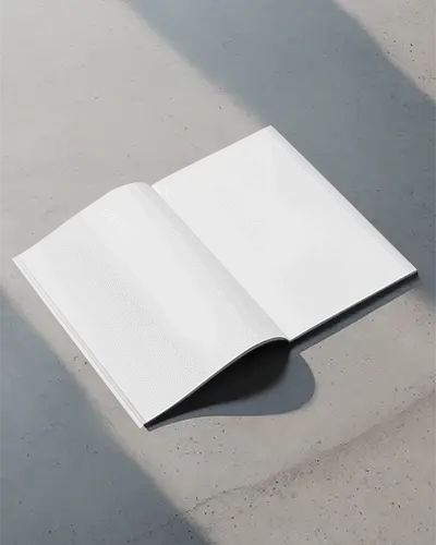 Blank Magazine Mockup Open On Minimalist Surface With Natural Light Shadows