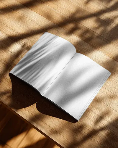 Open Magazine Mockup On Wooden Table With Natural Light Shadow Effects