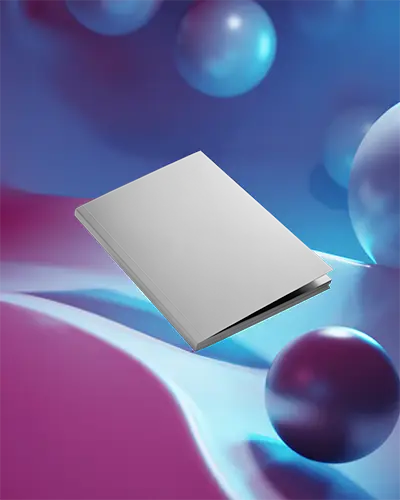 Hardcover Magazine Mockup Floating Above Abstract Smooth Background With Floating Spheres