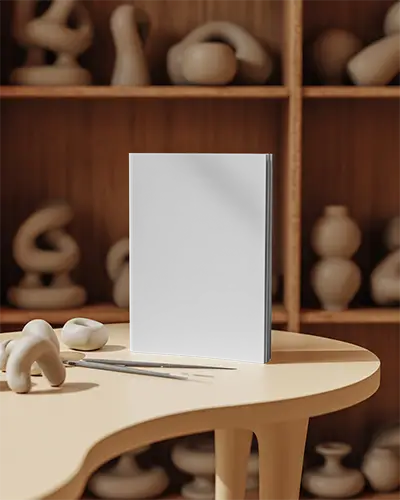 Magazine Mockup On Creative Table With Unique Abstract Decor Background Scene