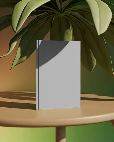 Modern Magazine Mockup Standing Upright On Smooth Surface With Shadow Background Leaf