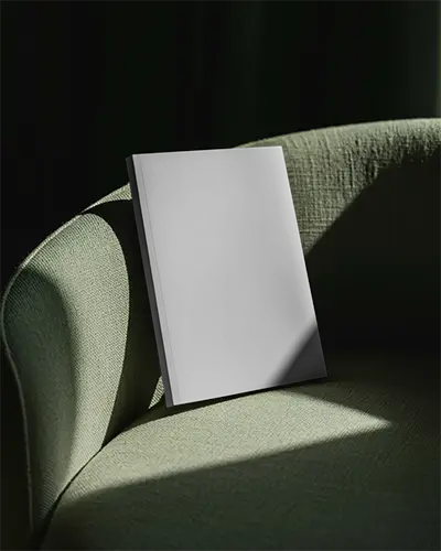 Modern Minimalist Magazine Mockup On Textured Curved Sofa In Stylish Light Shadow