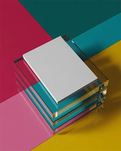 Sleek Magazine Mockup With Transparent Glass Pedestal On Colorful Abstract Surface