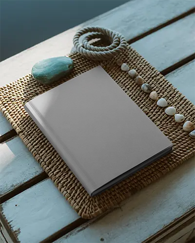 Elegant Magazine Mockup Display On Rustic Wooden Surface With Seashells And Rope Accents