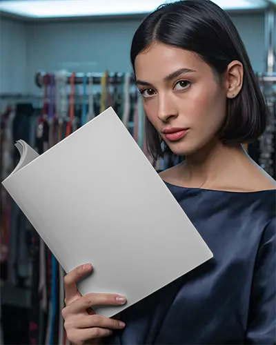 Woman Holding Minimalist Magazine Mockup In Fashion Studio For Design Presentation