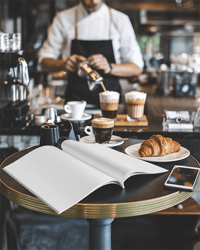 Barista Coffeehouse Magazine Mockup Open Magazine With Fashion Editorial And Cappuccino