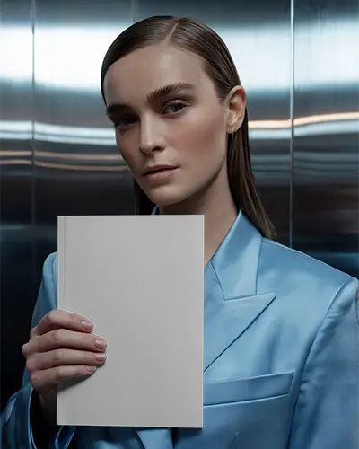 Fashion Model Holding Blank Magazine Mockup In Metallic Elevator Modern Editorial Style