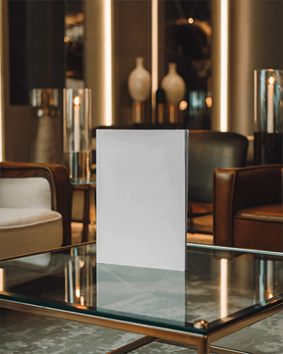 Minimalist Decor Magazine Mockup Modern Publication Standing On Glass Coffee Table