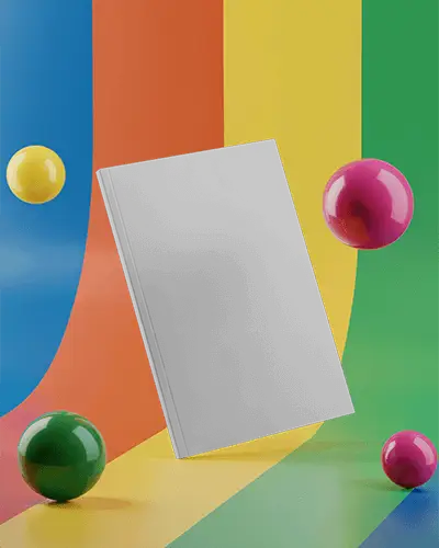 Colorful Abstract Magazine Mockup With Floating Spheres And Blank Cover For Modern Editorial Design