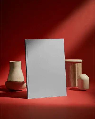 Luxury Red Still Life Magazine Mockup With Ceramic Props And Dramatic Editorial Lighting Style
