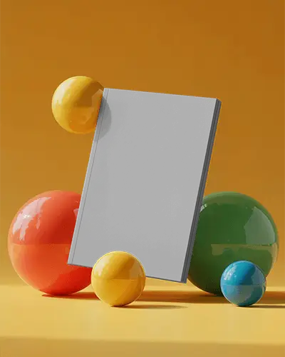 Bold Yellow Studio Magazine Mockup Surrounded By Colorful Spheres Modern Creative Composition