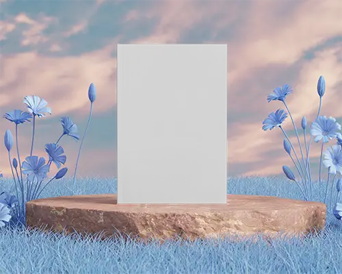 Minimalistic Hardcover Magazine Mockup On Natural Stone Platform With Floral Background