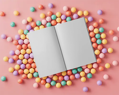 Open Magazine Mockup Center Placed Top View With Randomly Arranged Round Decorative Balls