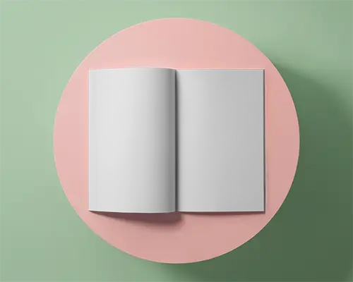 Magazine Mockup Open Pages Flat Lay On Circular Table Background