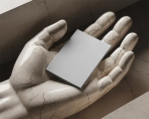 Elegant Minimalist Magazine Mockup Held In Marble Sculpted Hand For Premium Presentations