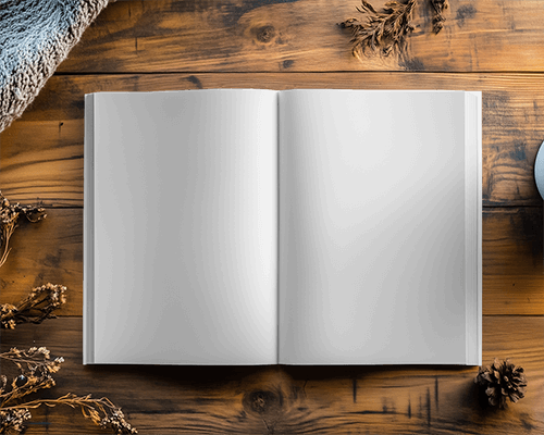 Double Page Magazine Mockup Placed On Rustic Wooden Surface With Decor