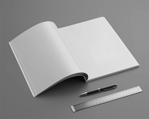 Magazine Mockup With Ruler And Pen Placed On Gray Surface