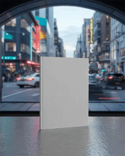 standing-matte-finish-magazine-mockup-on-reflective-surface-outdoor-view