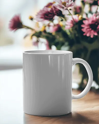 Cozy Living Room Mug Mockup White Ceramic Mug On Wooden Surface With Blooming Flower Arrangement In Background Natural And Welcoming Atmosphere