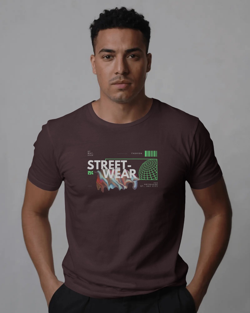Sleek T Shirt Mockup Male Model Hands In Pockets Front View Simple And Stylish Presentation