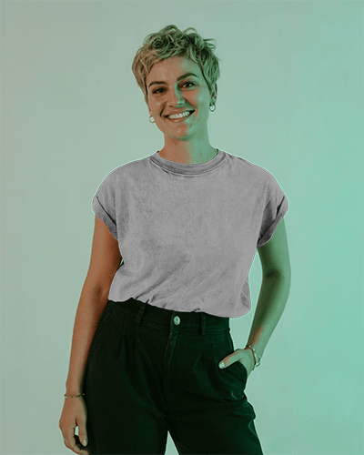 Studio T Shirt Mockup Female Model Smiling Hands In Pocket With Clean Background Light Effect