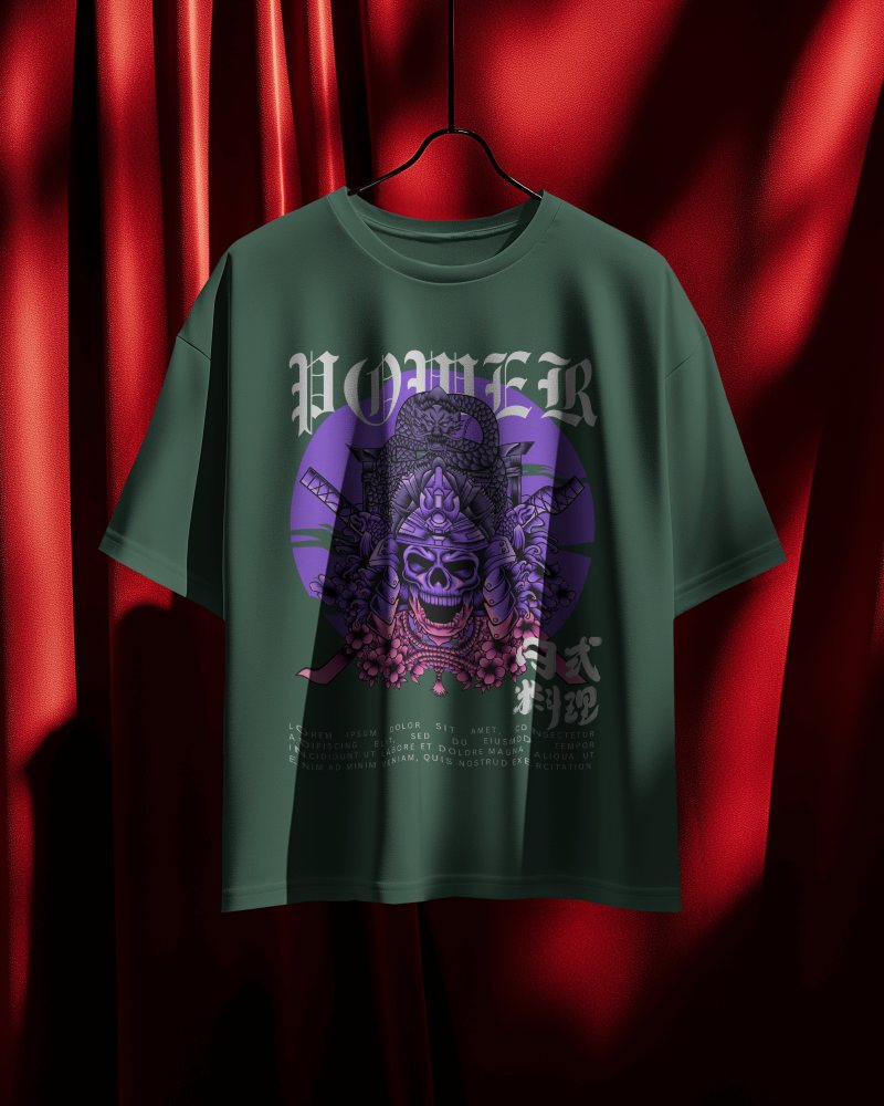 Luxury Blank Unisex Oversized Round Neck T Shirt Mockup Hanging On Black Hanger Against Dramatic Red Draped Curtain High End Aesthetic 0783