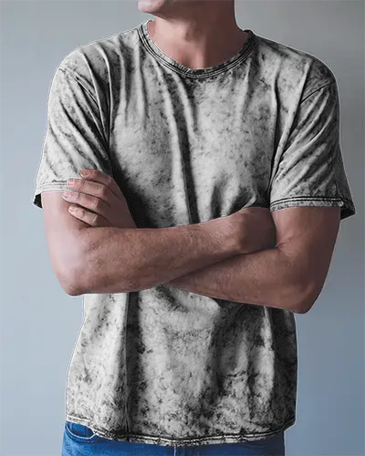 Front View Acid Wash Round Neck T Shirt Mockup Male Model Arms Crossed