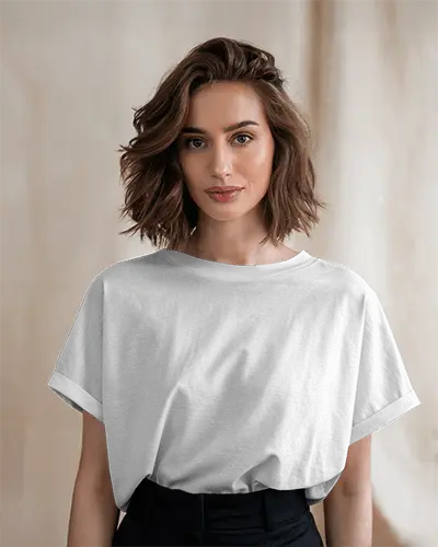 Front View White Tshirt Mockup Female Model Soft Lighting Neutral Backdrop Minimal Design Template