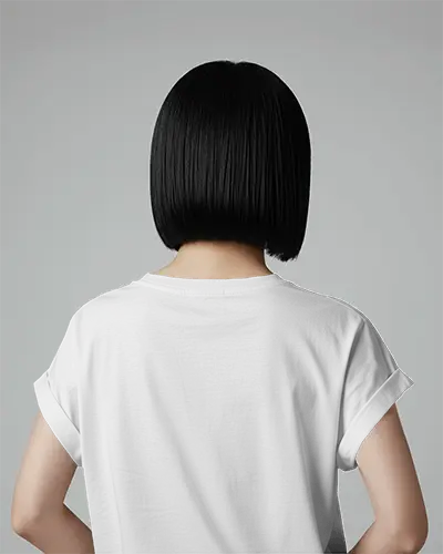 Back View White Tshirt Mockup Female Model With Straight Black Bob Clean Grey Background Custom Print Template
